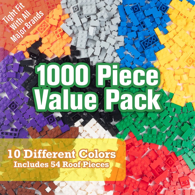 SCS Direct 1000 Pieces Classic Building Block Bricks- Bulk Value Set- 10 Colors, 9 Sizes & 54 Roof Pcs- Compatible, Tight Fit w All Major Brands- Activity for Creativity & School Projects- Kids Holiday Xmas Gift - Image 1